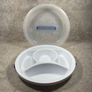Sterilite Veggie Tray Divided Snack Container with Lid and Handle White Blue